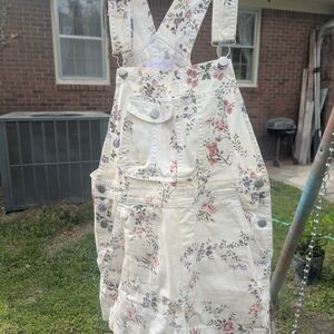No Boundaries Cream Floral Print Denim Overalls